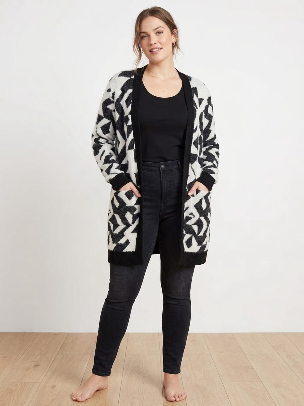 Lane Bryant Black & White Geometric Open Cardigan